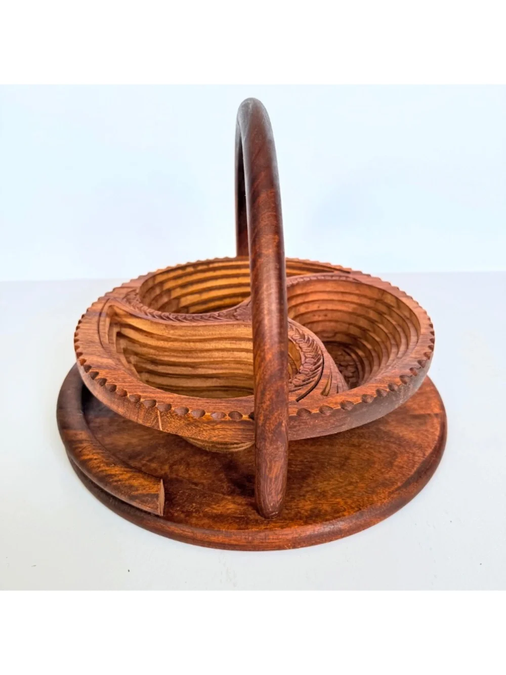 Whimsical Cottagecore Wooden Paisley Collapsible Trivet Fruit & Nut Basket Bowl